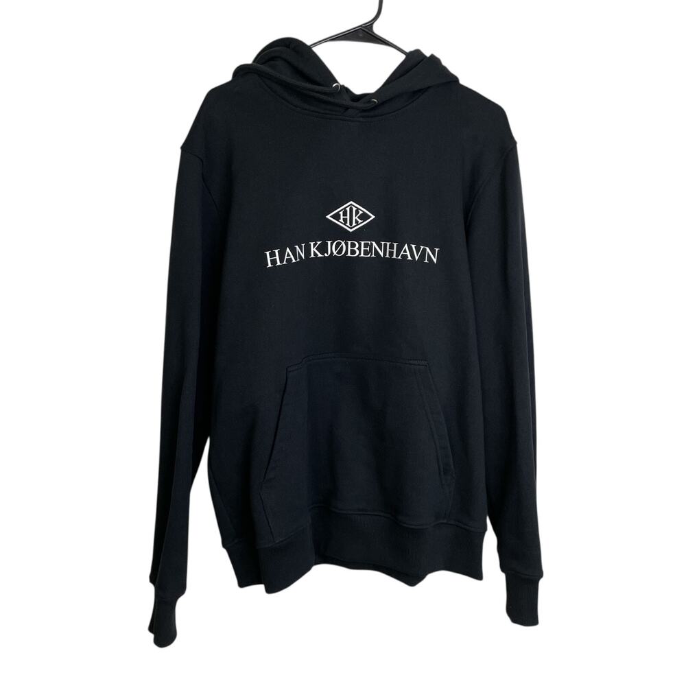 Han Kjoberhavn Black Hoodie Sweatshirt Medium Mens White Logo Pullover Heavy